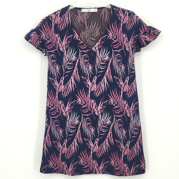 Mango MNG Basics Shift Dress Womens Size XS Palm Print Flutter Sleeve Fairy Boho - Picture 3 of 11